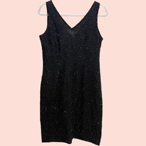 Vintage Beaded Sleeveless Shift Party Dress Black Petite Medium